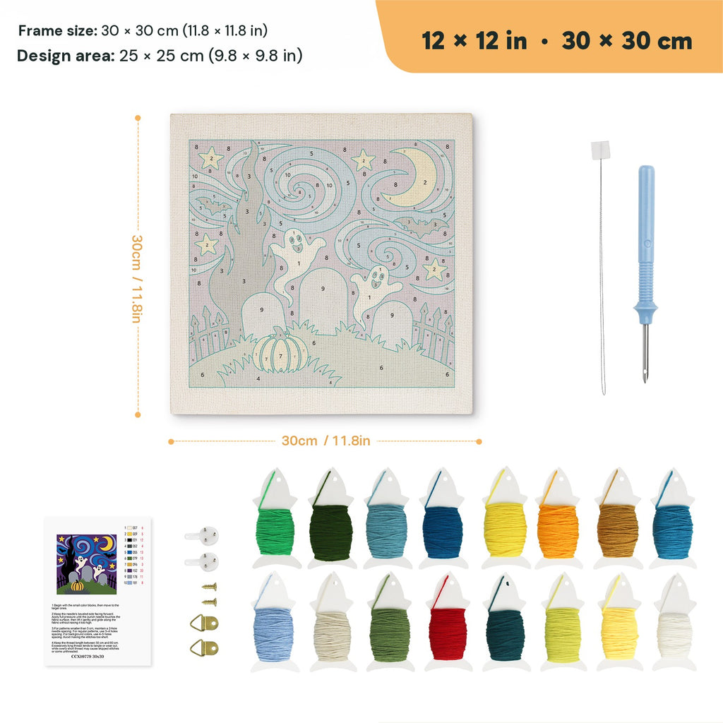 Starry Graveyard Ghosts punch needle kit, 12 × 12 in (30 × 30 cm): canvas size and kit contents