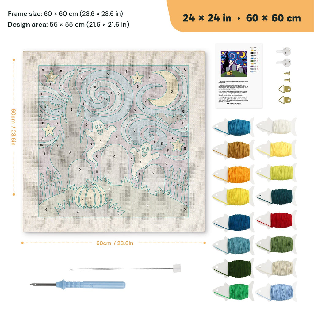 Starry Graveyard Ghosts punch needle kit, 24 × 24 in (60 × 60 cm): canvas size and kit contents
