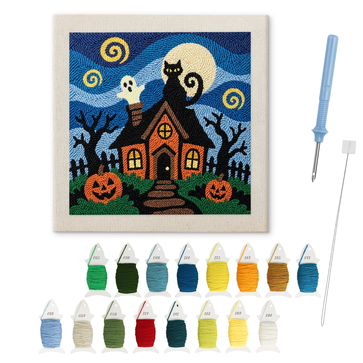 Starry Haunted House punch needle kit: finished canvas with threads, punch needle and threader