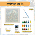 What is in the Starry Haunted House kit: printed canvas, punch needle, threader, threads, color guide and hangers