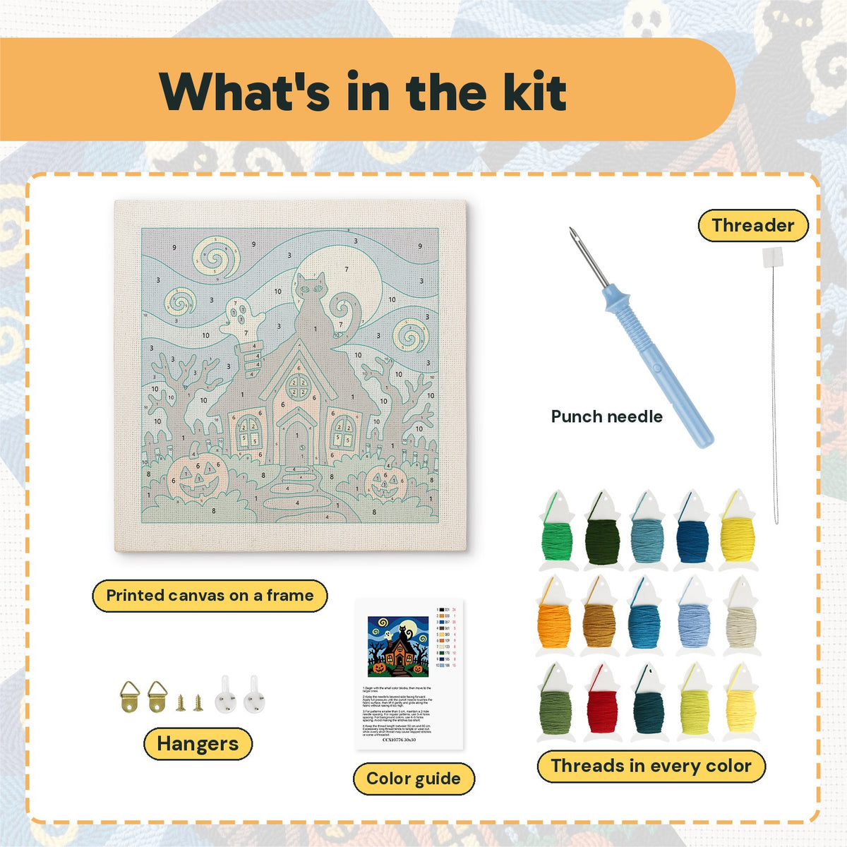 What is in the Starry Haunted House kit: printed canvas, punch needle, threader, threads, color guide and hangers