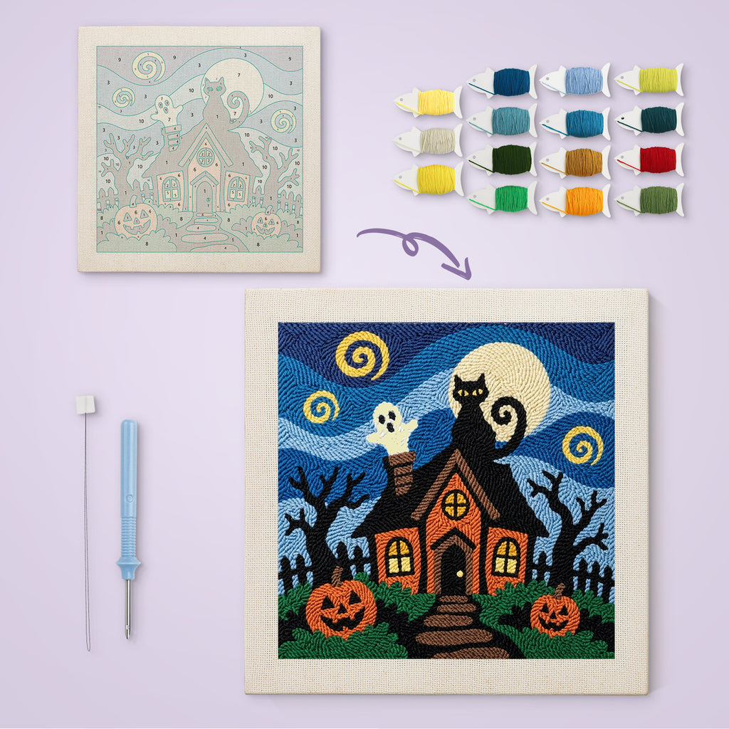 Starry Haunted House canvas before and after punching, with the threads and tools