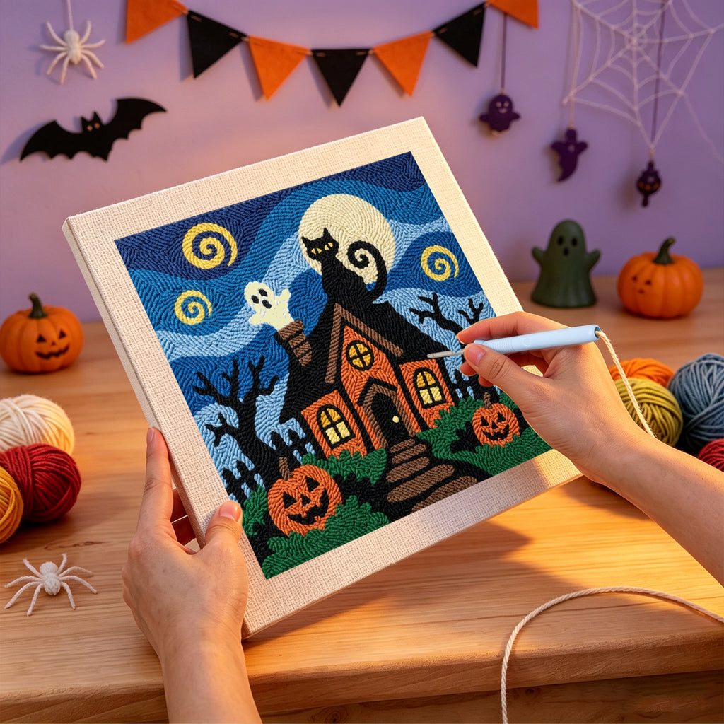 Punching the Starry Haunted House design with the punch needle