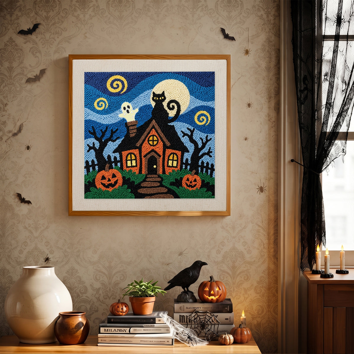 Finished Starry Haunted House punch needle canvas on a wall