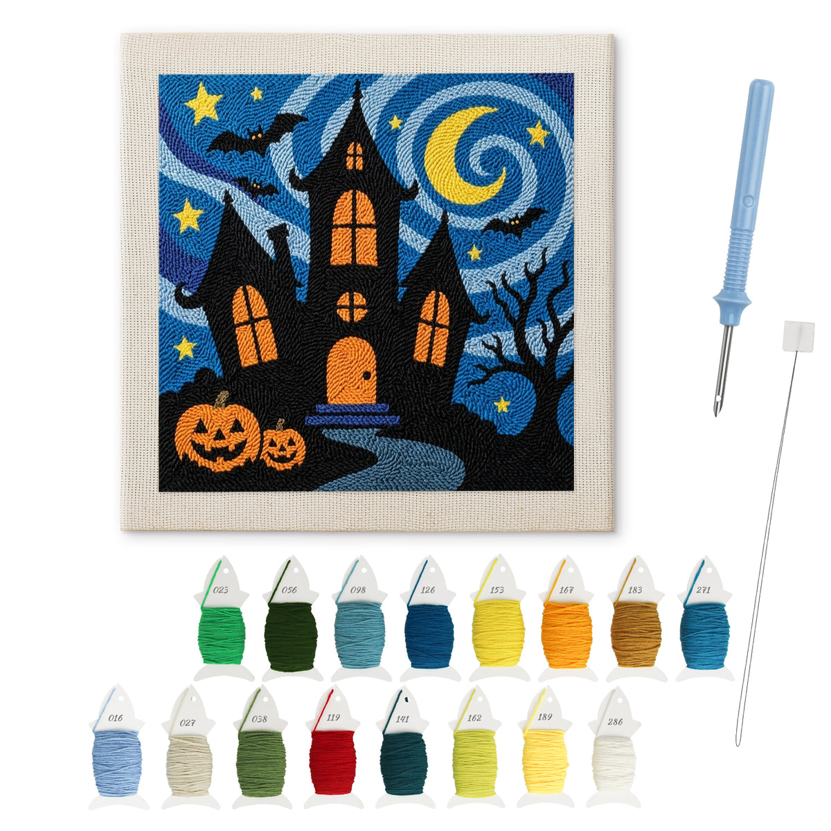 Starry Haunted Manor punch needle kit: finished canvas with threads, punch needle and threader