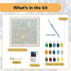 What is in the Starry Haunted Manor kit: printed canvas, punch needle, threader, threads, color guide and hangers