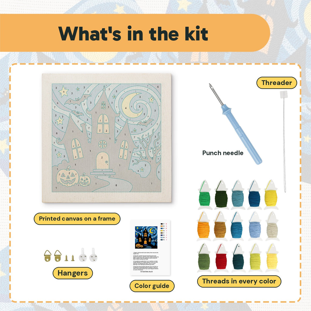 What is in the Starry Haunted Manor kit: printed canvas, punch needle, threader, threads, color guide and hangers