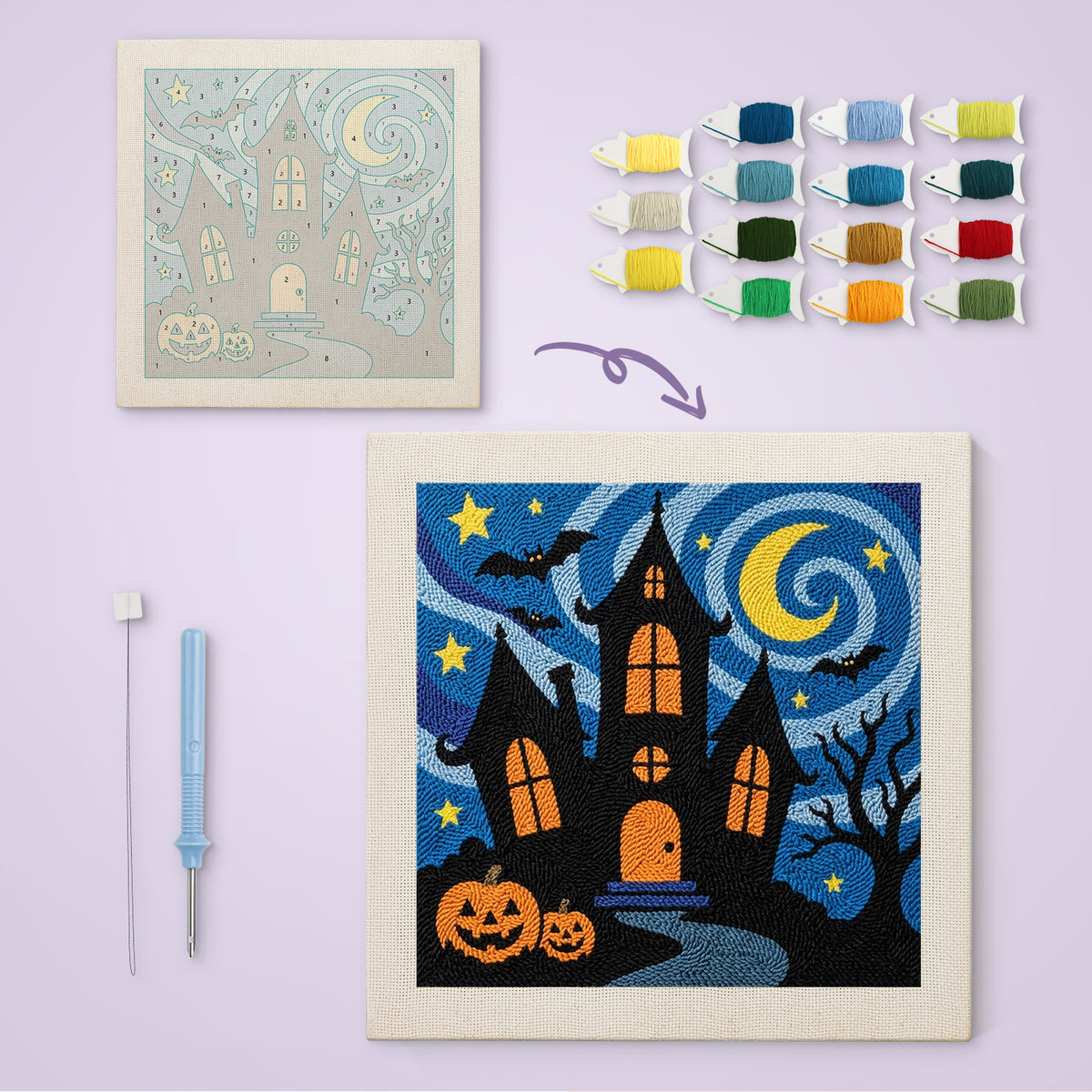 Starry Haunted Manor canvas before and after punching, with the threads and tools