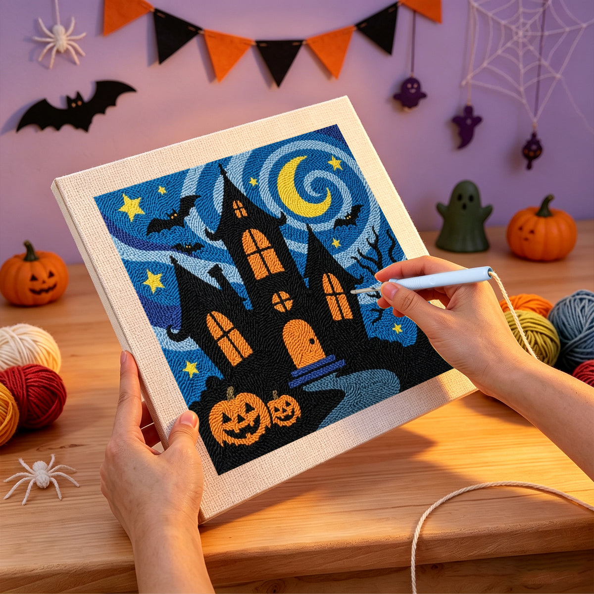 Punching the Starry Haunted Manor design with the punch needle