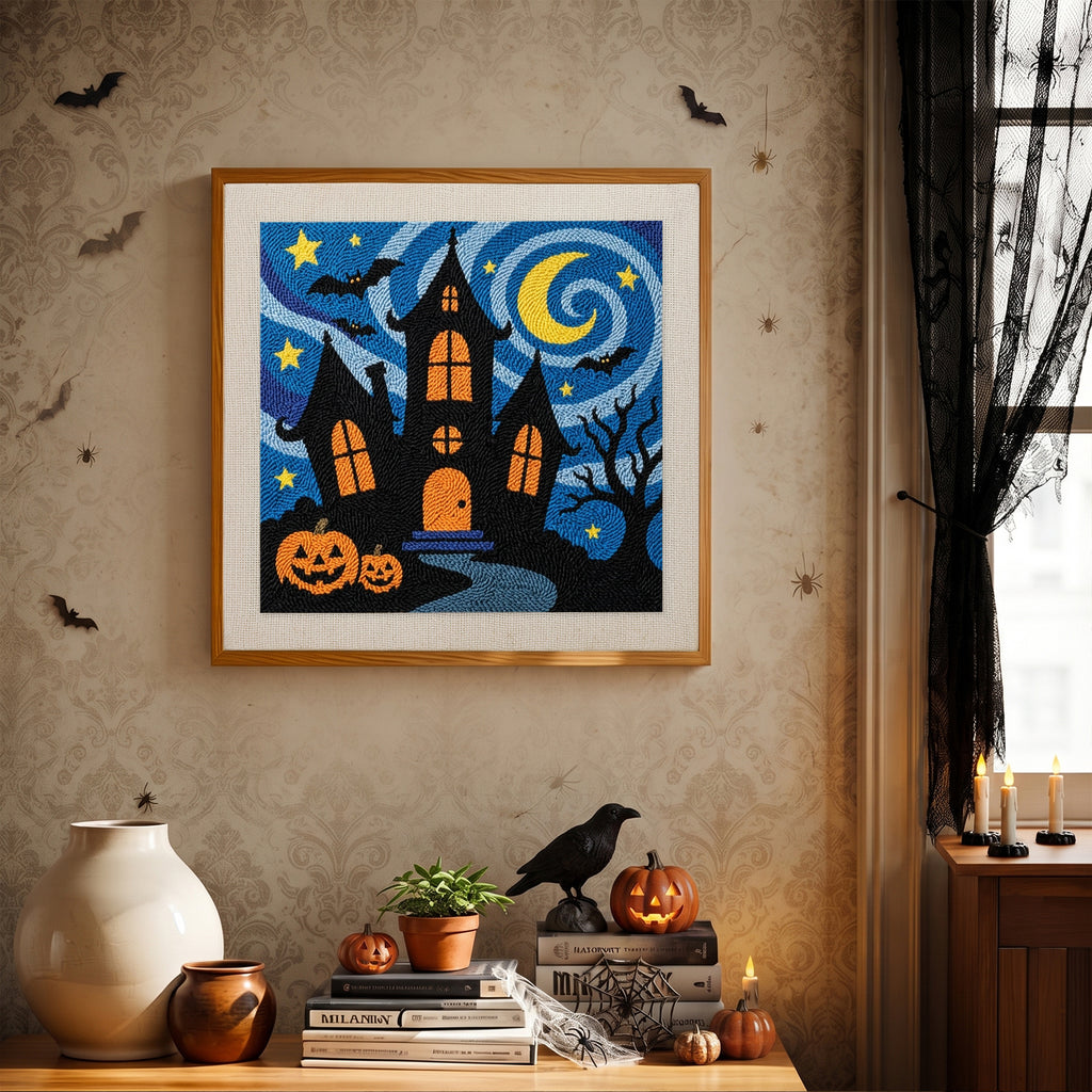 Finished Starry Haunted Manor punch needle canvas on a wall