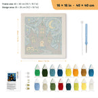 Starry Haunted Manor punch needle kit, 16 × 16 in (40 × 40 cm): canvas size and kit contents