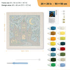 Starry Haunted Manor punch needle kit, 20 × 20 in (50 × 50 cm): canvas size and kit contents