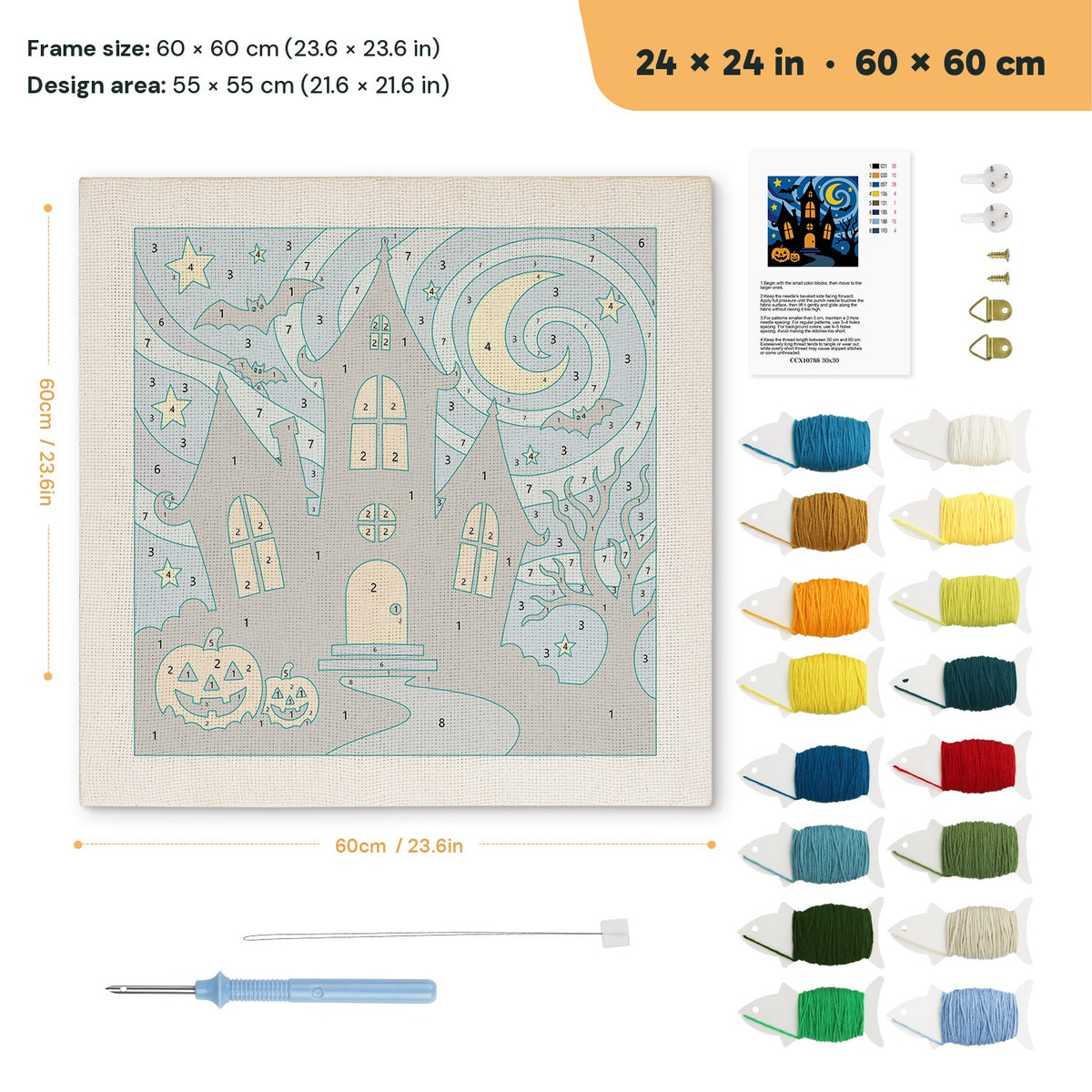 Starry Haunted Manor punch needle kit, 24 × 24 in (60 × 60 cm): canvas size and kit contents