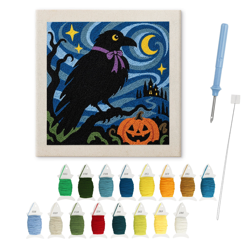 Starry Night Crow punch needle kit: finished canvas with threads, punch needle and threader