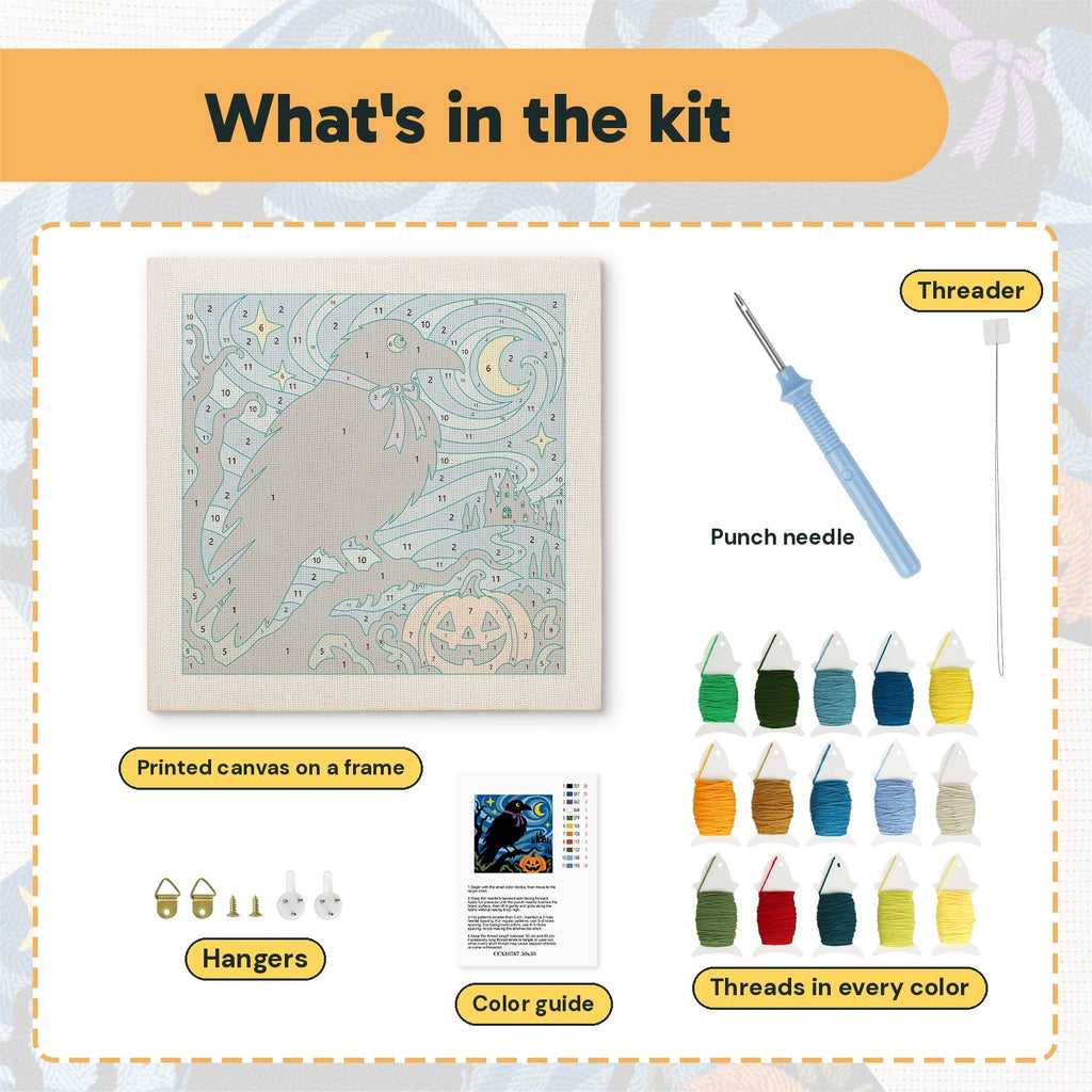 What is in the Starry Night Crow kit: printed canvas, punch needle, threader, threads, color guide and hangers