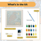 What is in the Starry Night Crow kit: printed canvas, punch needle, threader, threads, color guide and hangers