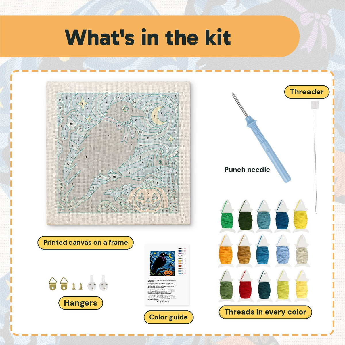 What is in the Starry Night Crow kit: printed canvas, punch needle, threader, threads, color guide and hangers
