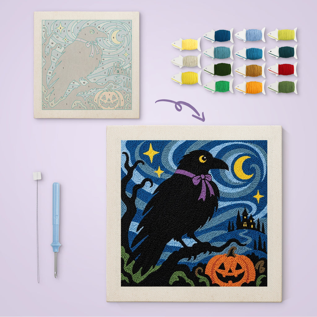 Starry Night Crow canvas before and after punching, with the threads and tools