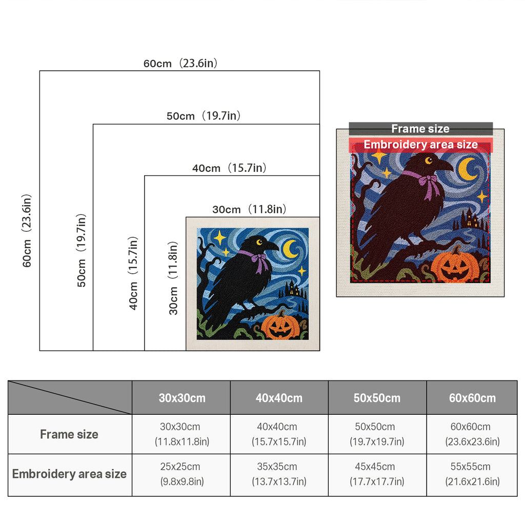 Size chart for square punch needle kits from 30 x 30 cm to 60 x 60 cm