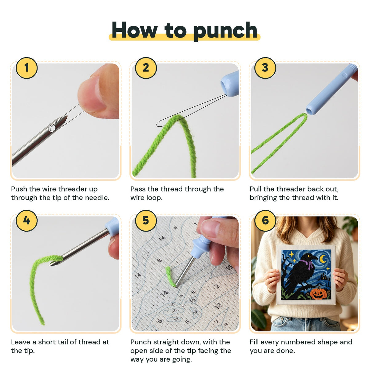 Six steps showing how to thread and use the punch needle