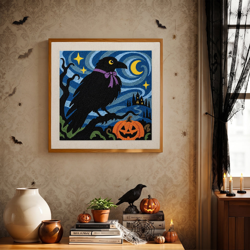 Finished Starry Night Crow punch needle canvas on a wall