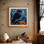 Finished Starry Night Crow punch needle canvas on a wall