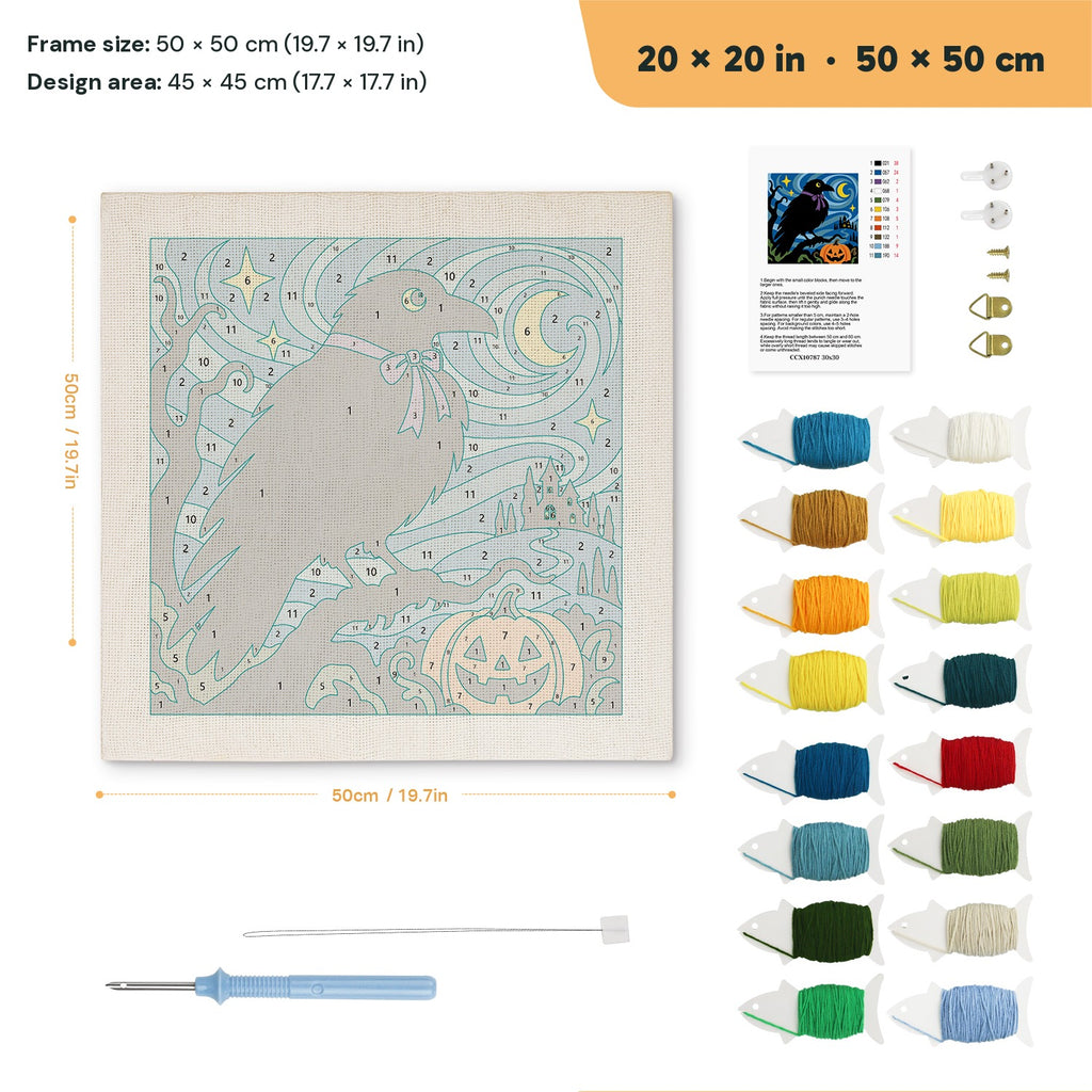 Starry Night Crow punch needle kit, 20 × 20 in (50 × 50 cm): canvas size and kit contents