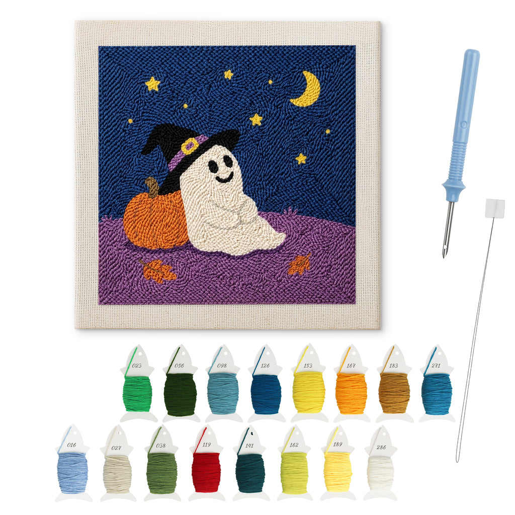 Starry Night Ghost punch needle kit: finished canvas with threads, punch needle and threader