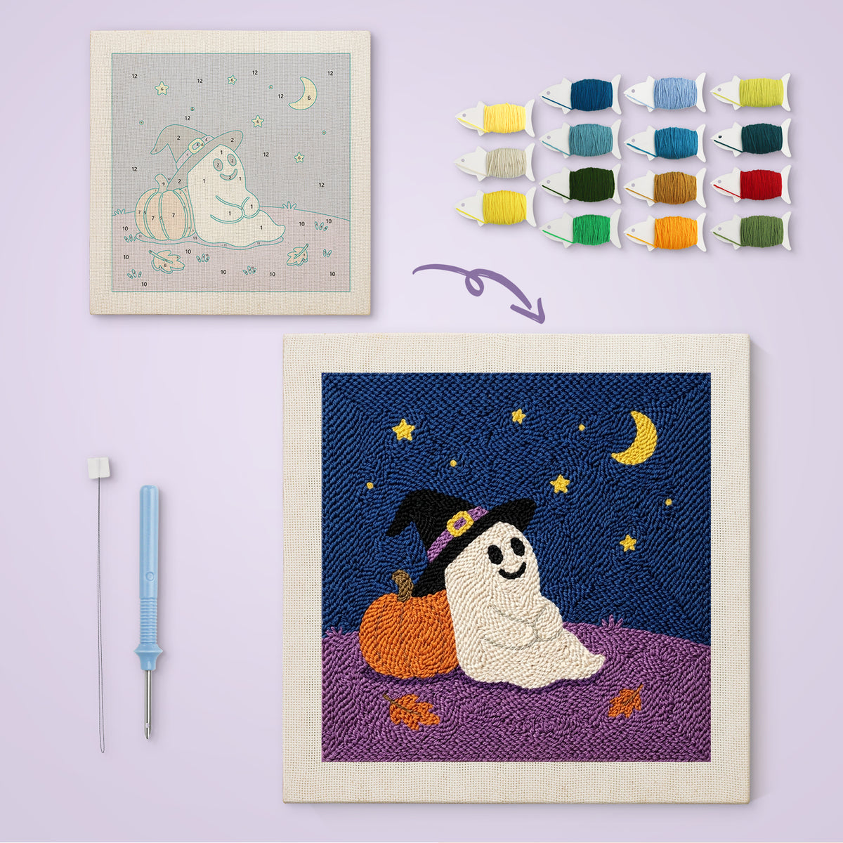 Starry Night Ghost canvas before and after punching, with the threads and tools