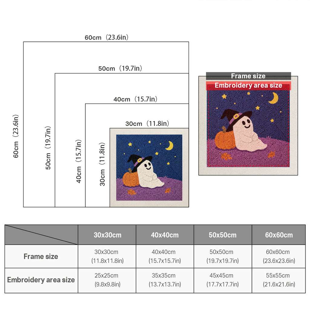 Size chart for square punch needle kits from 30 x 30 cm to 60 x 60 cm