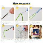 Six steps showing how to thread and use the punch needle