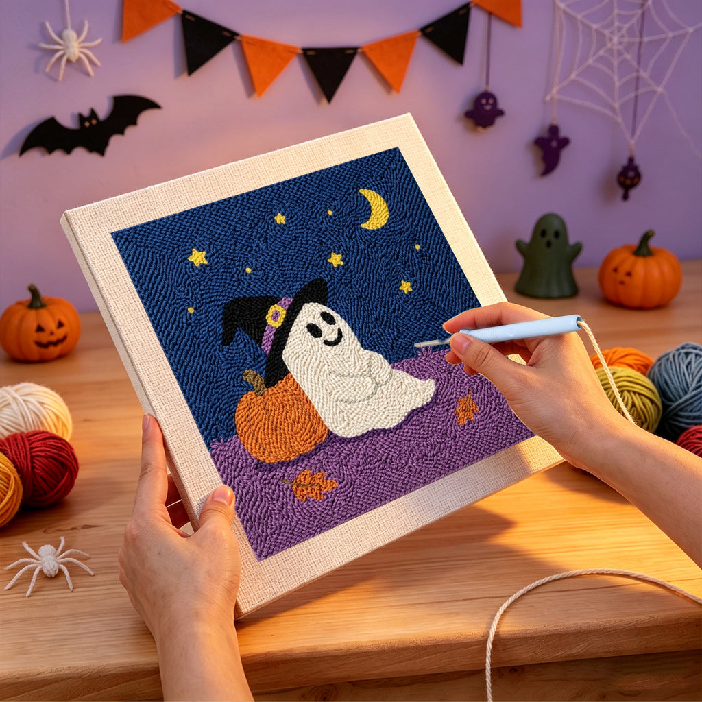 Punching the Starry Night Ghost design with the punch needle