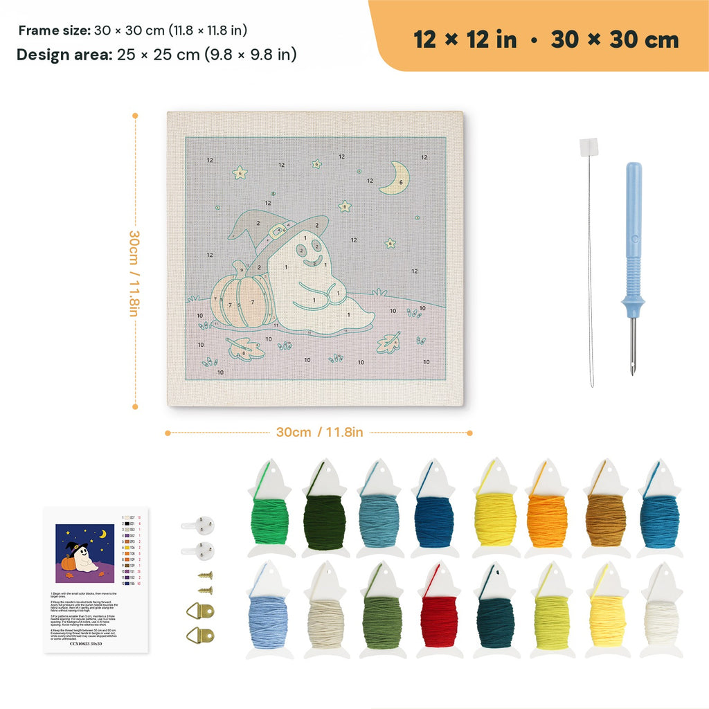 Starry Night Ghost punch needle kit, 12 × 12 in (30 × 30 cm): canvas size and kit contents