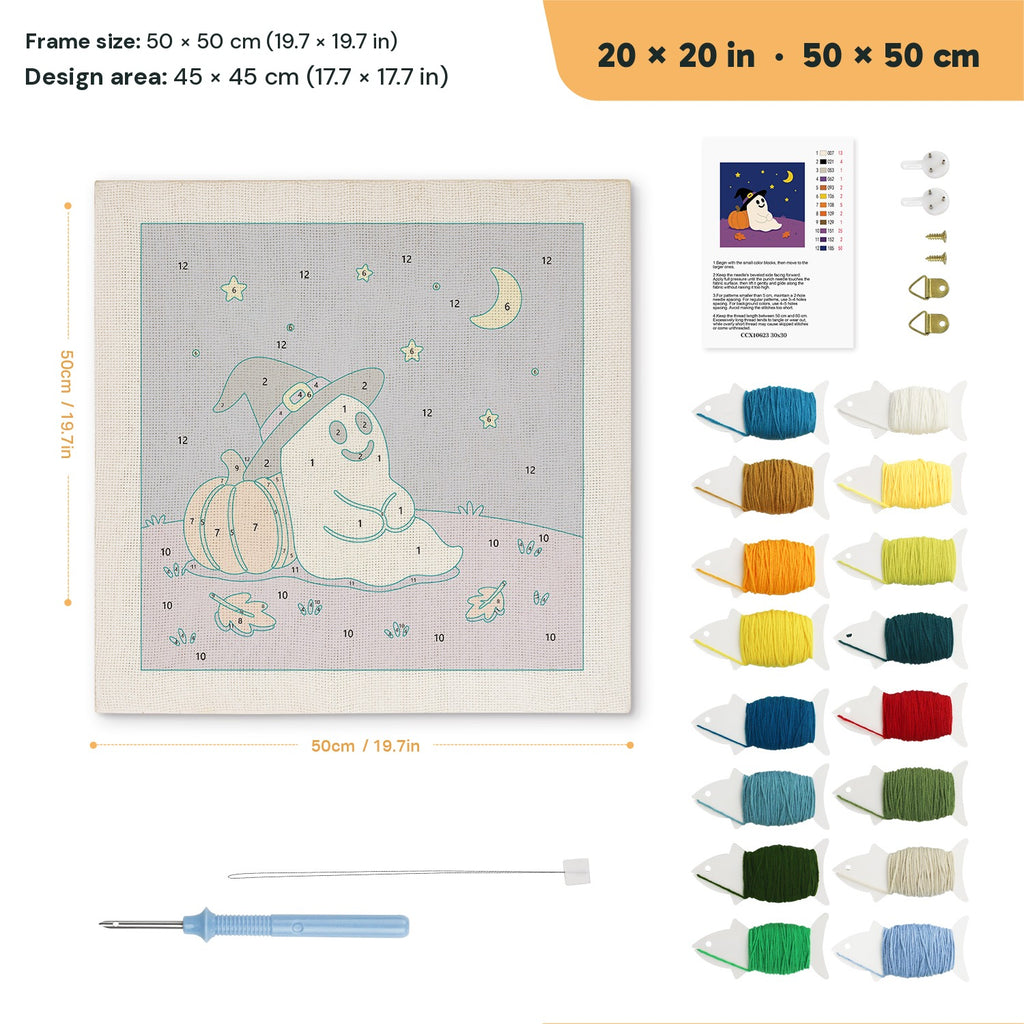 Starry Night Ghost punch needle kit, 20 × 20 in (50 × 50 cm): canvas size and kit contents