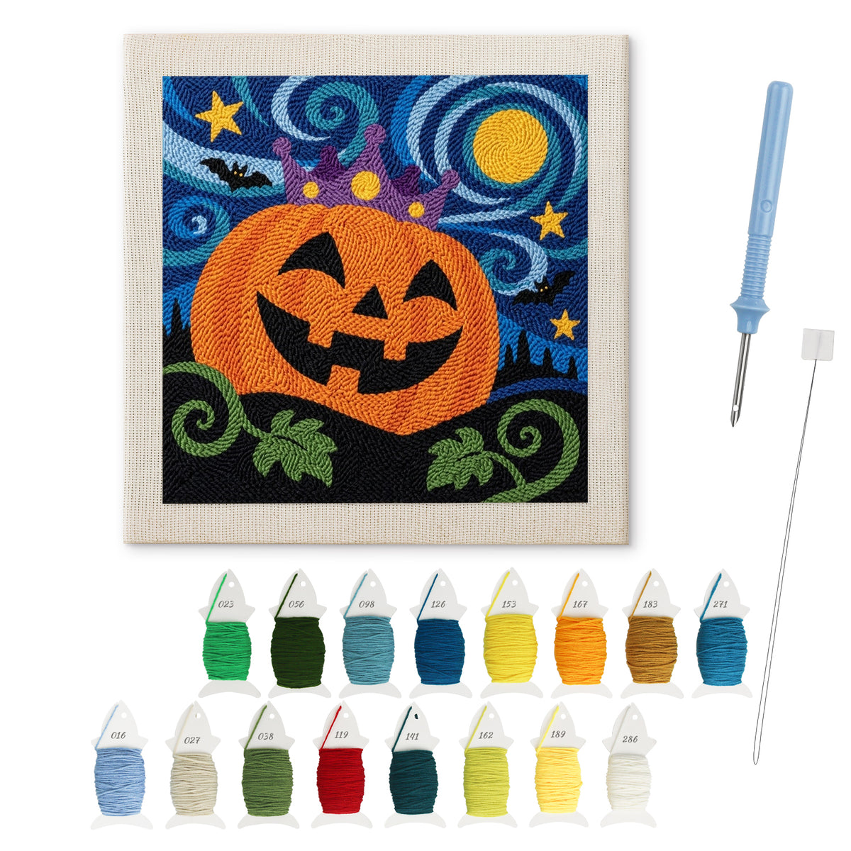 Starry Pumpkin King punch needle kit: finished canvas with threads, punch needle and threader