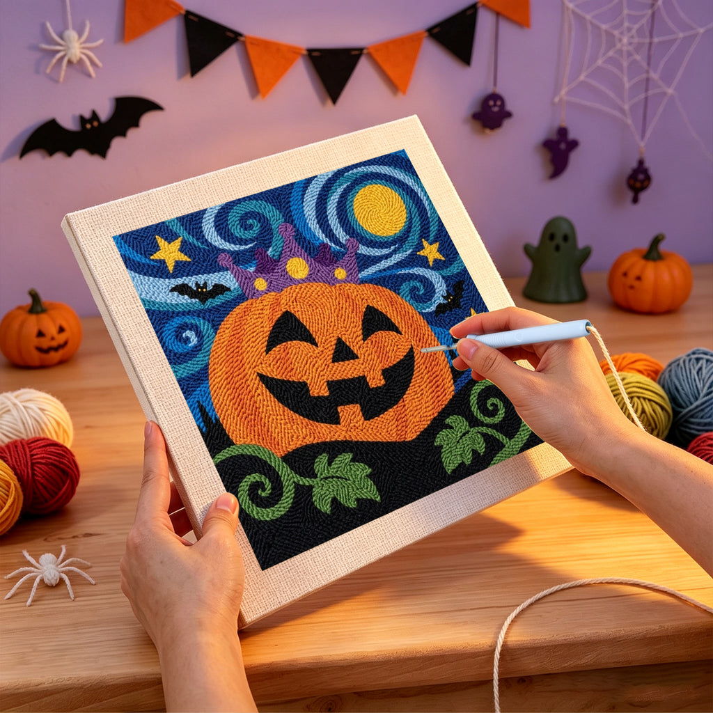 Punching the Starry Pumpkin King design with the punch needle