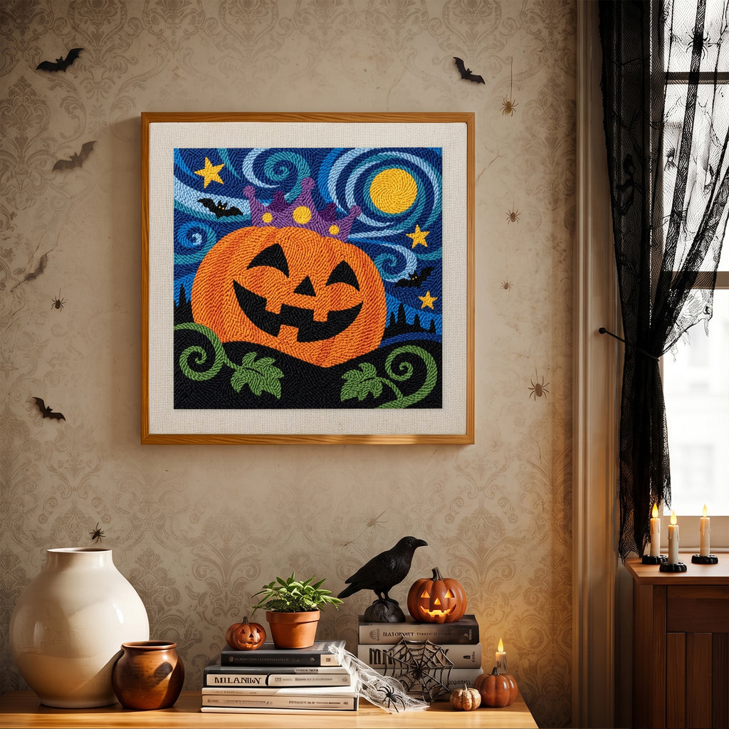 Finished Starry Pumpkin King punch needle canvas on a wall