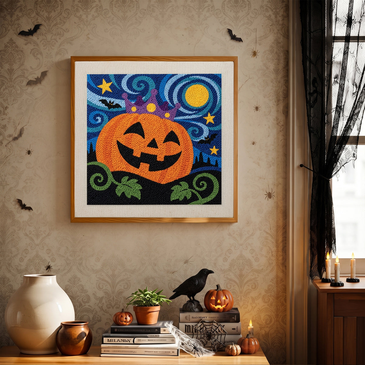Finished Starry Pumpkin King punch needle canvas on a wall