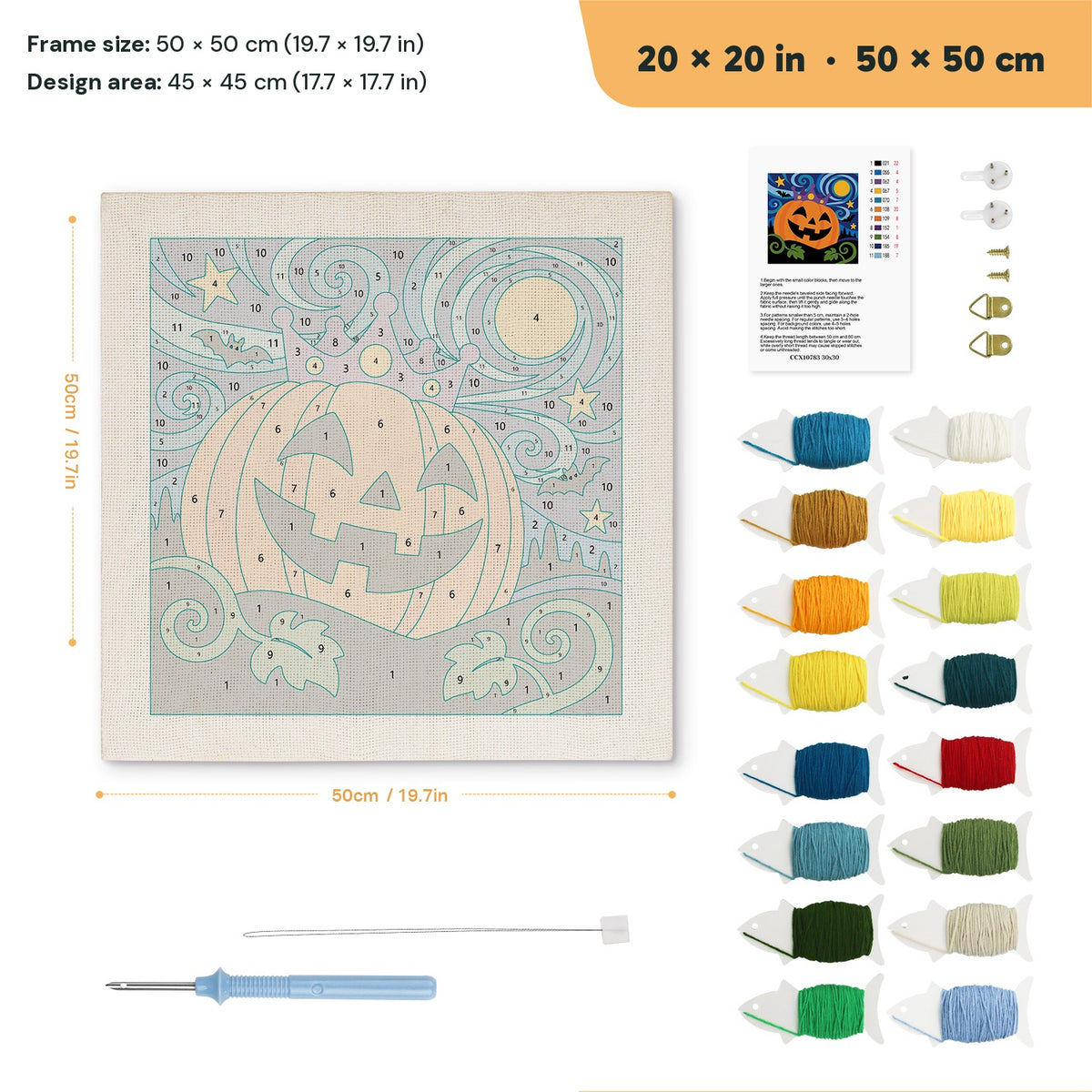Starry Pumpkin King punch needle kit, 20 × 20 in (50 × 50 cm): canvas size and kit contents