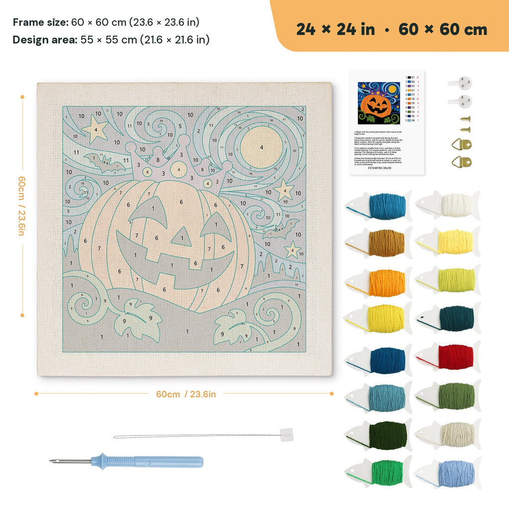 Starry Pumpkin King punch needle kit, 24 × 24 in (60 × 60 cm): canvas size and kit contents