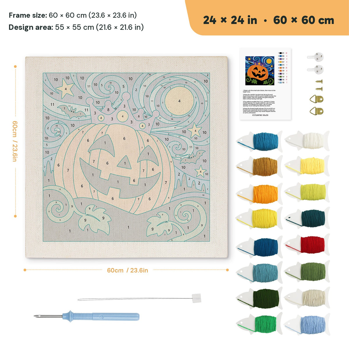 Starry Pumpkin King punch needle kit, 24 × 24 in (60 × 60 cm): canvas size and kit contents