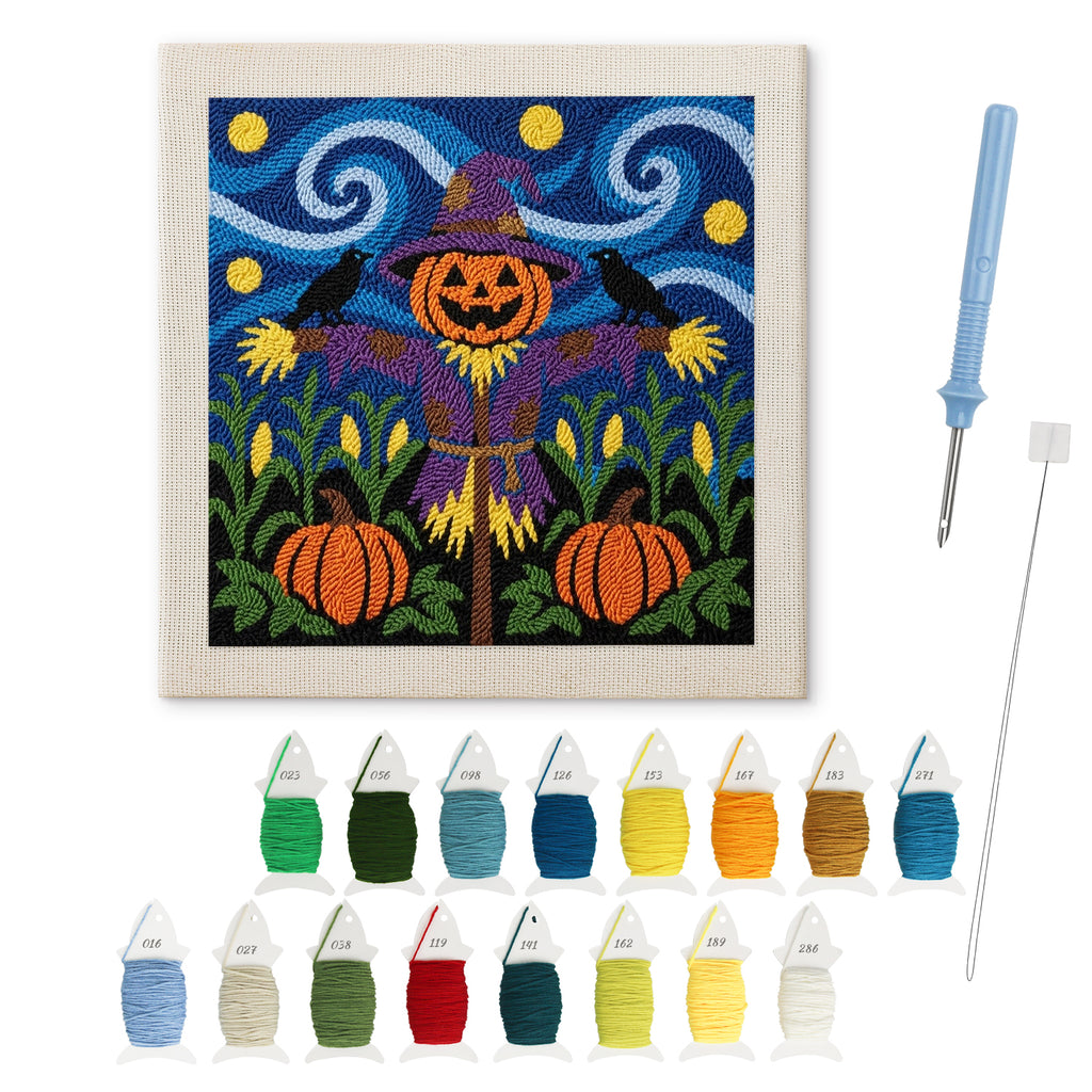 Starry Pumpkin Patch Scarecrow punch needle kit: finished canvas with threads, punch needle and threader