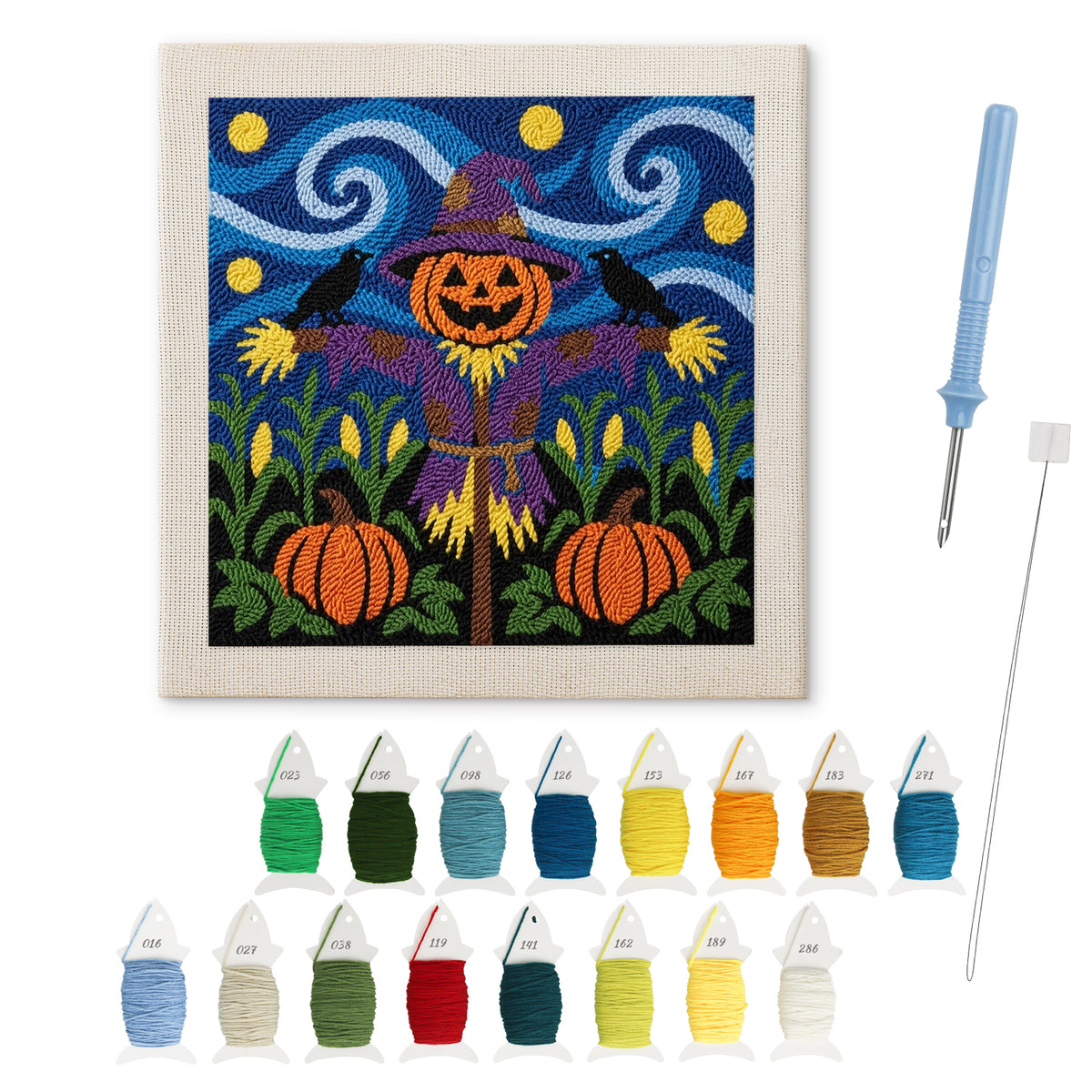 Starry Pumpkin Patch Scarecrow punch needle kit: finished canvas with threads, punch needle and threader