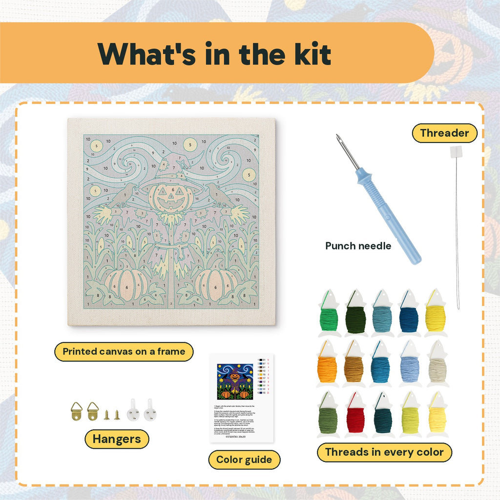 What is in the Starry Pumpkin Patch Scarecrow kit: printed canvas, punch needle, threader, threads, color guide and hangers
