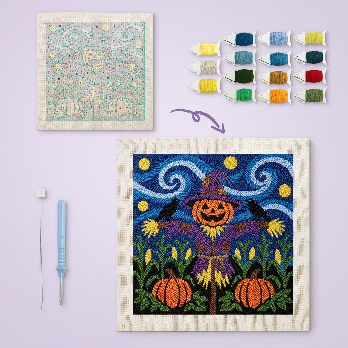 Starry Pumpkin Patch Scarecrow canvas before and after punching, with the threads and tools