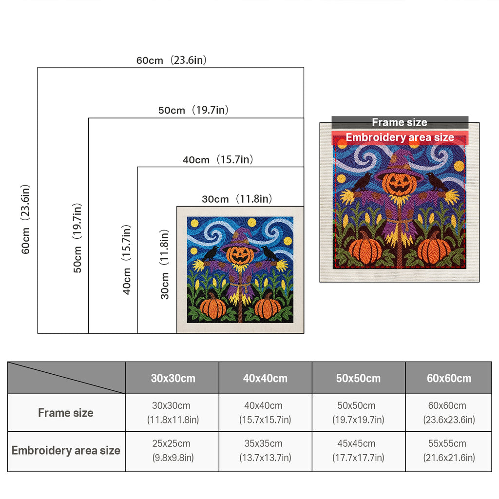 Size chart for square punch needle kits from 30 x 30 cm to 60 x 60 cm