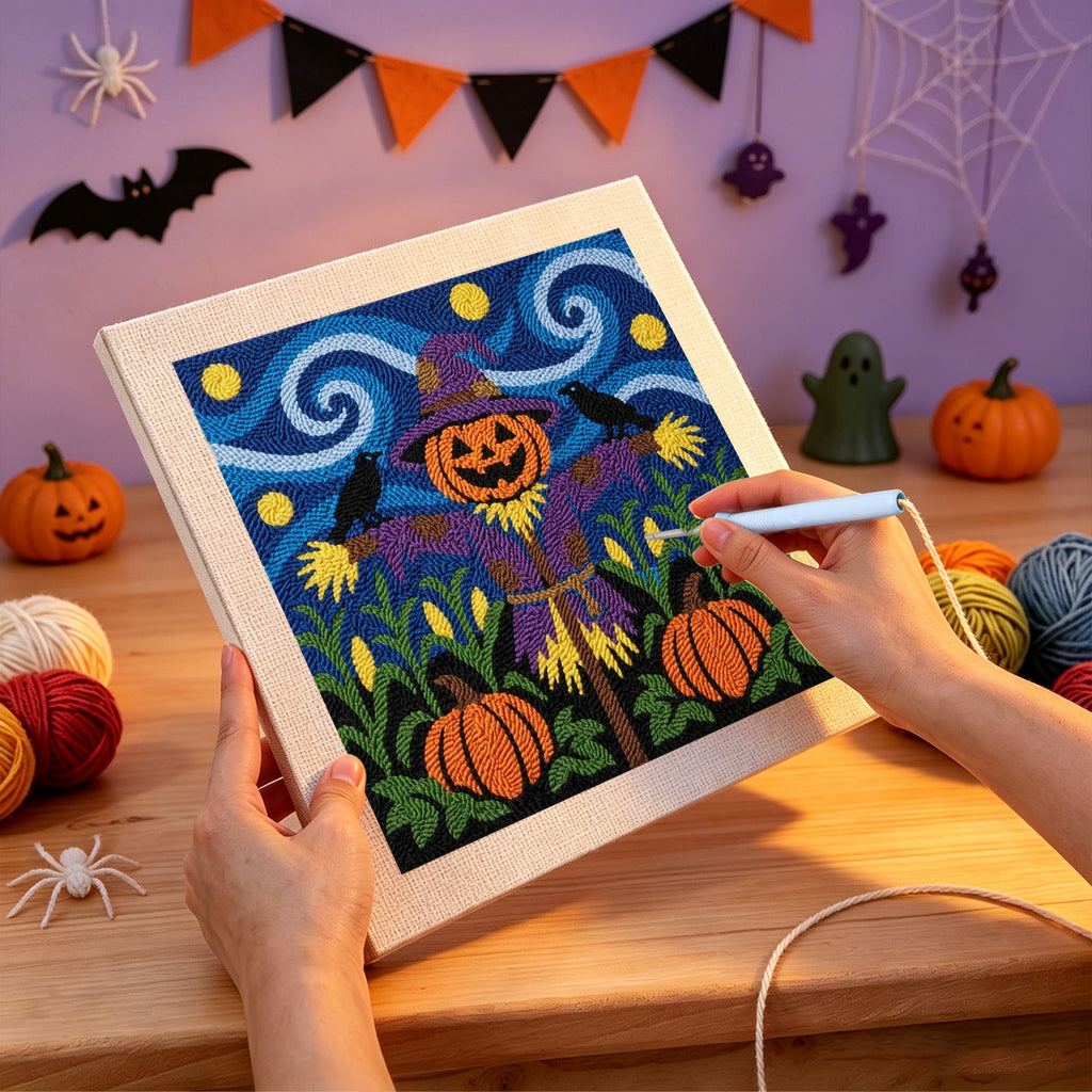 Punching the Starry Pumpkin Patch Scarecrow design with the punch needle