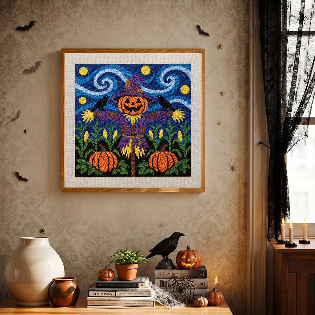 Finished Starry Pumpkin Patch Scarecrow punch needle canvas on a wall