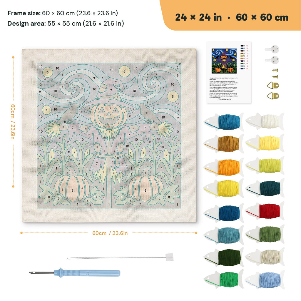 Starry Pumpkin Patch Scarecrow punch needle kit, 24 × 24 in (60 × 60 cm): canvas size and kit contents