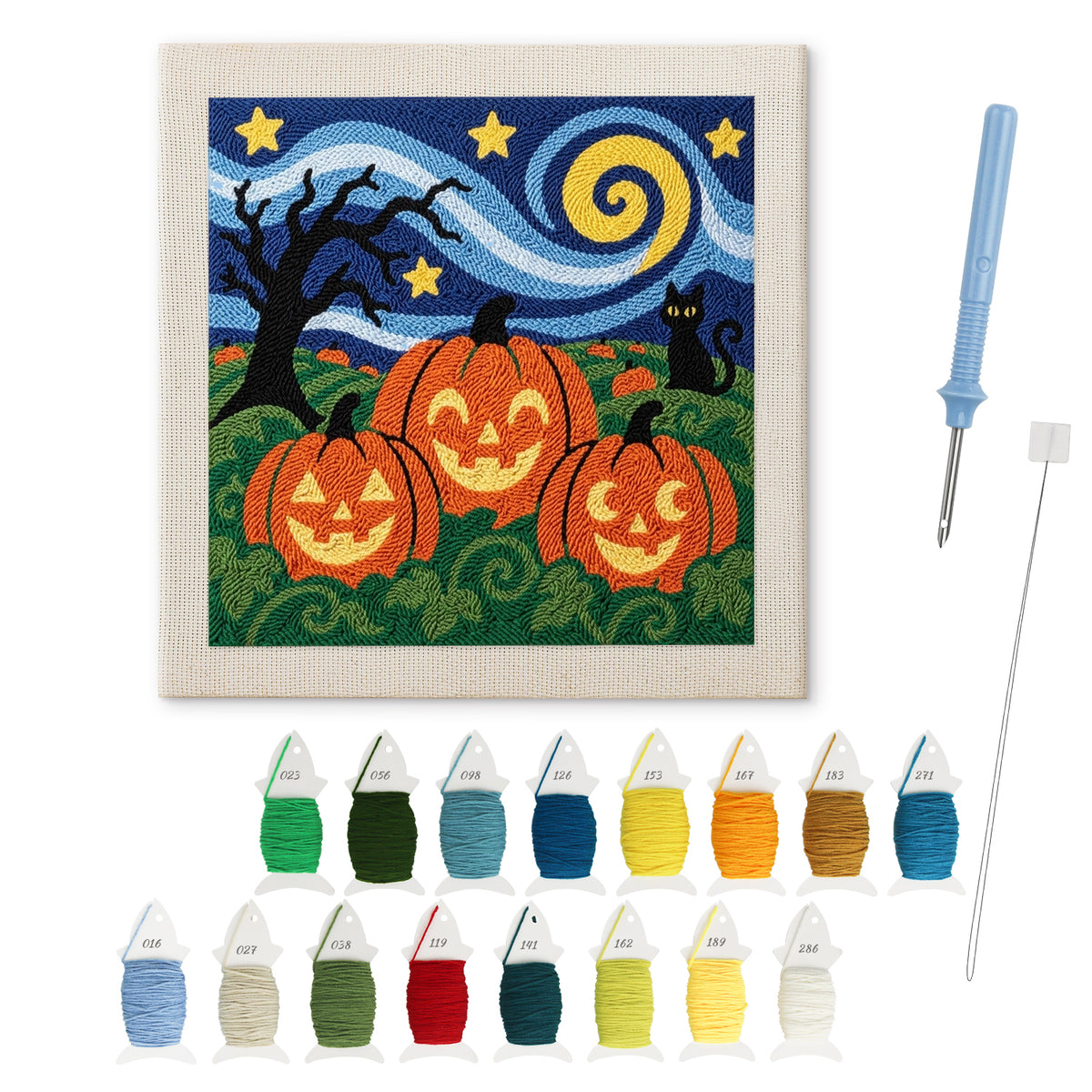 Starry Pumpkin Trio punch needle kit: finished canvas with threads, punch needle and threader